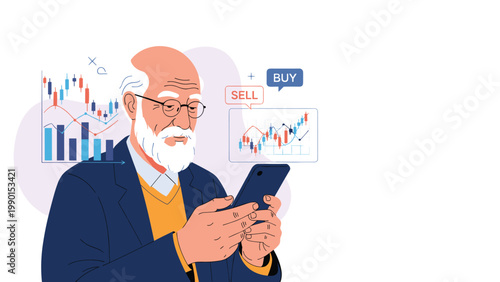 Wise elderly man with a white beard is focused on his smartphone while tracking real-time stock market growth through detailed candlestick charts.