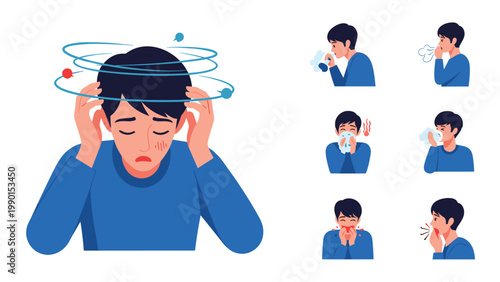 Young man experiencing dizziness and common cold symptoms such as a runny nose and coughing is illustrated in various informative character poses.