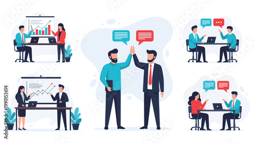 Business collaboration set features professional people giving high fives and conducting meetings with data charts to illustrate successful teamwork.