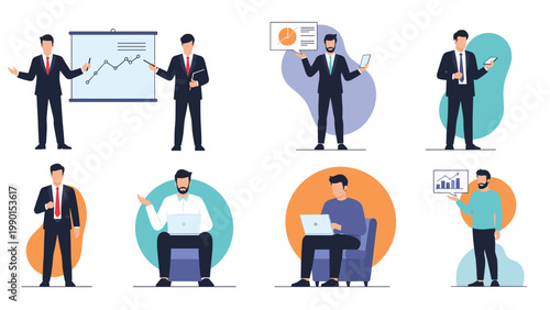 Professional businessmen characters are depicted in various office activities such as presenting charts, using laptops, and sitting in comfortable chairs.