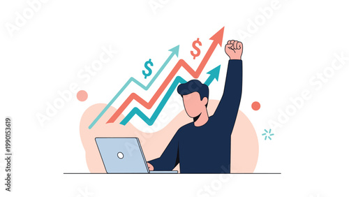 Motivated businessman celebrates rapid financial profit growth while working on his laptop with rising chart arrows and dollar signs in the background.