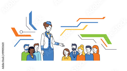 Professional flight attendant in uniform welcoming a diverse group of passengers against a modern and colorful abstract technological background.