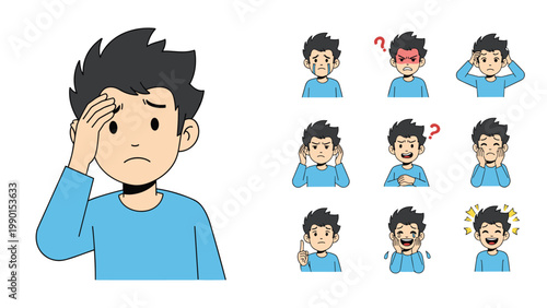 Young boy demonstrating a wide range of facial expressions and emotions including happiness, anger, sadness, confusion, and surprise.
