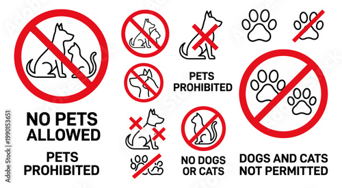 No pets allowed signs collection including dogs, cats, and animals prohibition symbols.