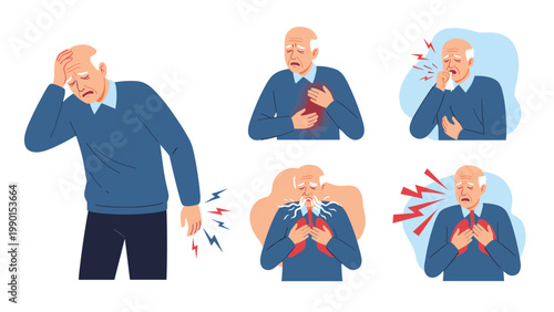Senior man suffering from various health problems like chest pain, headache, and respiratory issues, illustrated with clear medical diagrams.