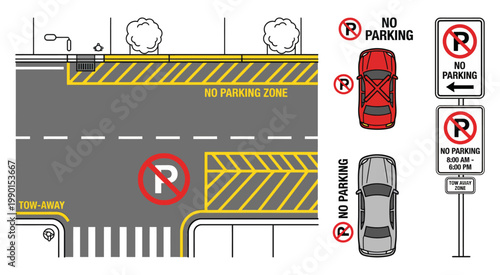 Parking restriction signs and road markings indicating no parking and controlled stopping zones.