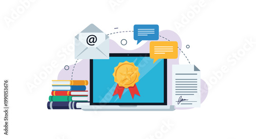 Online certification and academic achievement concept featuring a laptop with a gold medal, books, and a signed document.