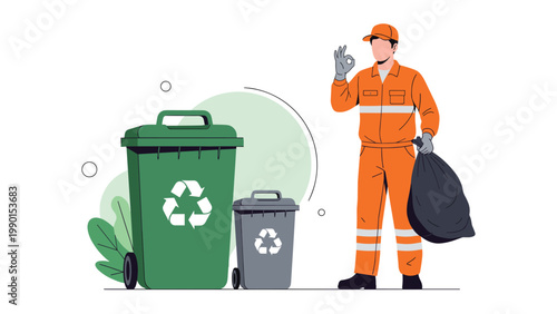 Sanitation worker in a bright orange uniform standing next to large green and gray recycling bins while holding a black plastic trash bag.