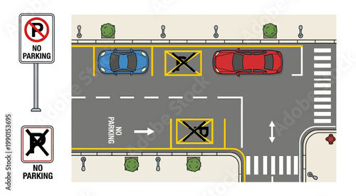 Top view parking lot layout with designated spaces, vehicles, and restricted parking areas.