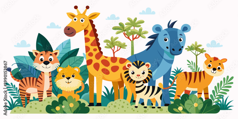 Obraz premium Group of cute cartoon safari animals in lush greenery