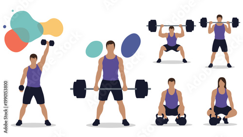 Diverse group of people performing various weightlifting exercises and strength training routines with dumbbells, barbells, and kettlebells.