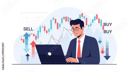 Professional man in a business suit analyzing real time stock market trends and candlestick charts on his laptop in a modern office setting.