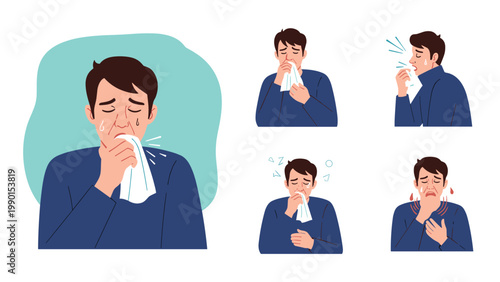 Young man suffering from severe cold and flu symptoms like sneezing, coughing, and chest pain, using tissues to manage his various ailments.