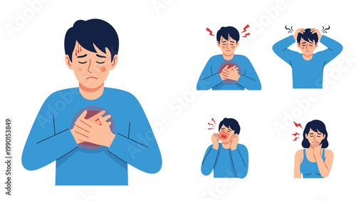 Diverse group of people experiencing various symptoms of illness including chest pain, headache, sneezing, and runny nose for medical advice.