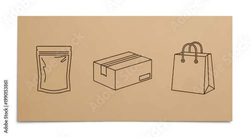 Packaging Options: Pouch, Box, and Bag Line Art on Cardboard Background