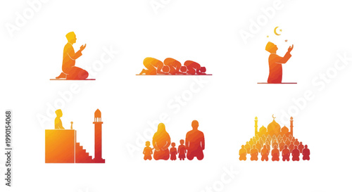 Islamic prayer icons: namaz, mosque, crescent moon, family prayer, congregation