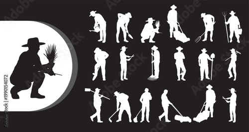 A collection of white silhouettes of people working in a garden on a black background