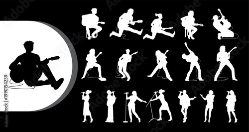 A collection of white silhouettes of musicians and performers on a black background with a single black silhouette on a white half-circle