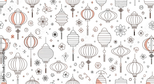Traditional chinese lantern and flower pattern in a minimalist line art style with delicate red and black accents.