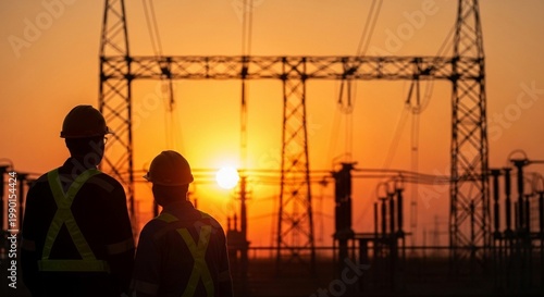 Two Engineers in Hard Hats Inspect Power Lines at Sunset