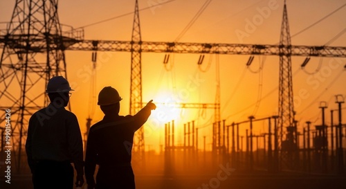 Engineers Inspecting Power Substation at Sunset Silhouette