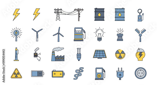 Energy Icons Set: Electricity, Renewable, Fossil Fuels, Battery, Power Generation