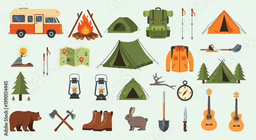 Comprehensive collection of camping and outdoor activity icons including tents, an rv, gear, tools, and forest animals.