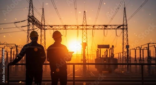 Engineers in Hard Hats Overseeing Power Station at Sunset