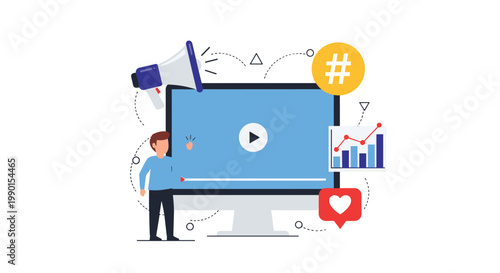 Social media marketing and influencer engagement concept with a man presenting content next to a monitor with various social icons.