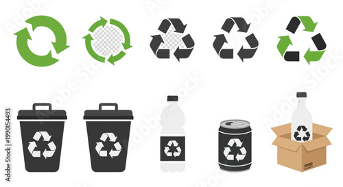 Recycling Symbols and Waste Bins - Ecology and Sustainability Icons
