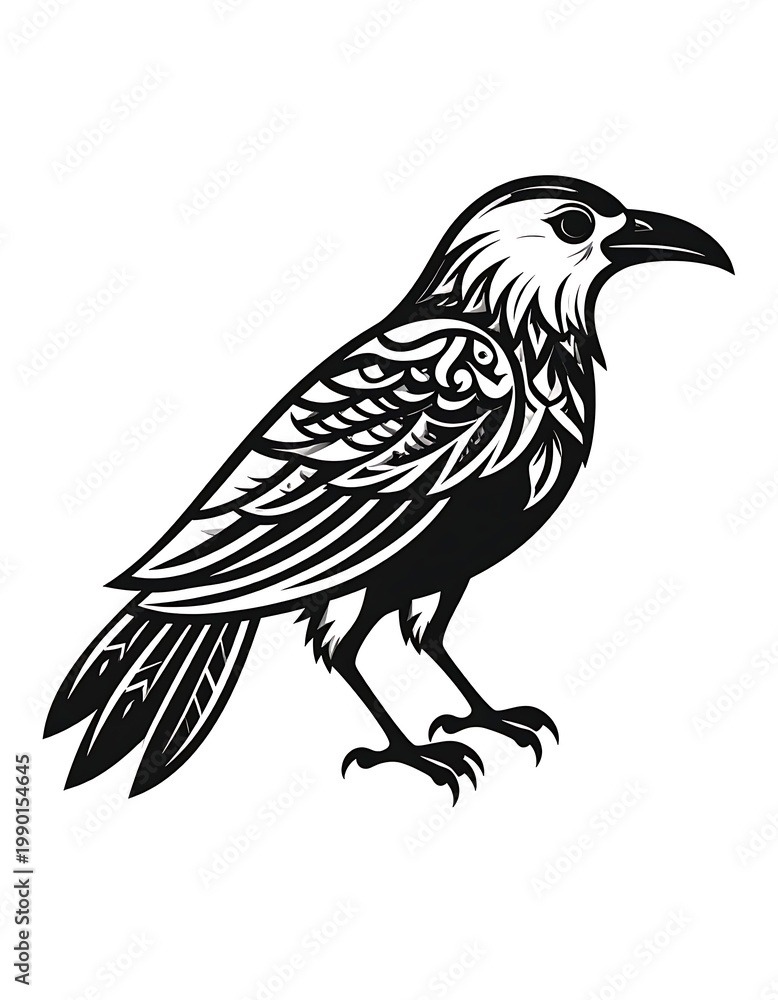 Obraz premium A black and white illustration of a bird with detailed feathers