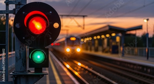 Train Signal Red Green Lights Railway Station Dusk