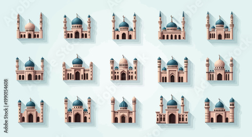 Collection of Islamic Mosques, Traditional Architecture, Flat Design Style