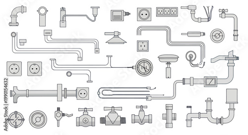 Plumbing System Components: Pipes, Valves, Sockets, and Fixtures - Vector Illustration