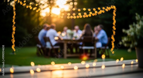 People Gathered for Outdoor Dinner Party with String Lights