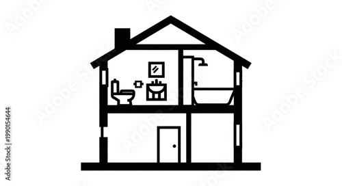 Photos Cross section of a house showing bathroom and toilet.