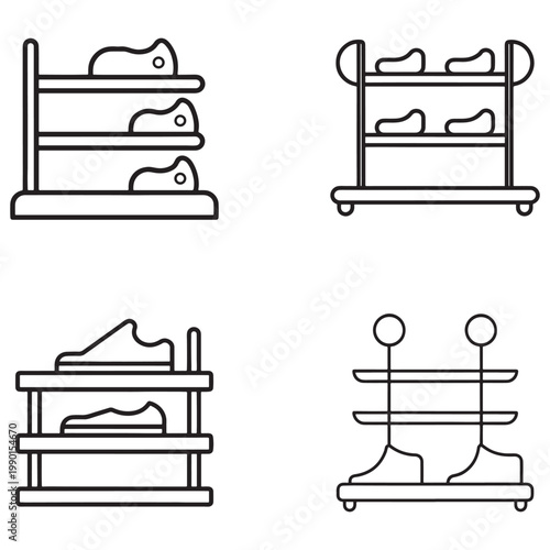 Four black line icons of different shoe racks with shoes on them isolated on white background