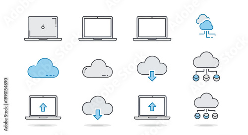 Cloud Computing Icons: Laptops, Data Storage, Upload & Download Symbols