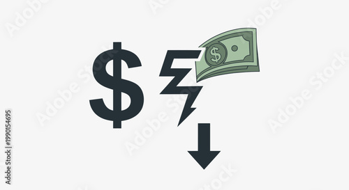 Dollar Sign With Broken Money and Downward Arrow Symbolizing Financial Crisis