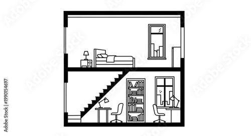 Cross section of a two story house interior floor plan.