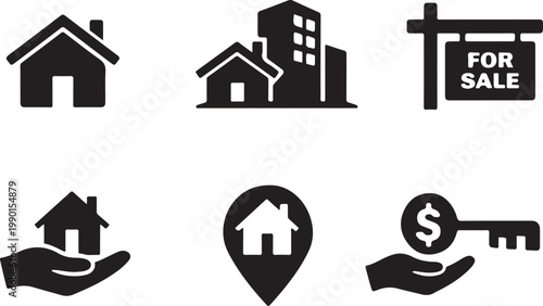 realestate, house, home, building, property, sale, mortgage, rent, residential, apartment, architecture, realtor, investment, commercial, estate, city, silhouette, vector, icon, black, minimal, flat, 