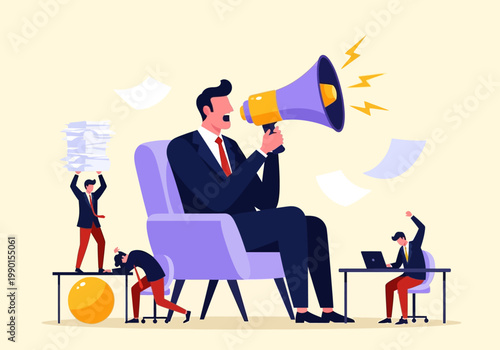 Corporate Leadership Concept with Giant Boss Shouting through Megaphone at Stressed Small Employees in a Toxic Office Environment Illustration
