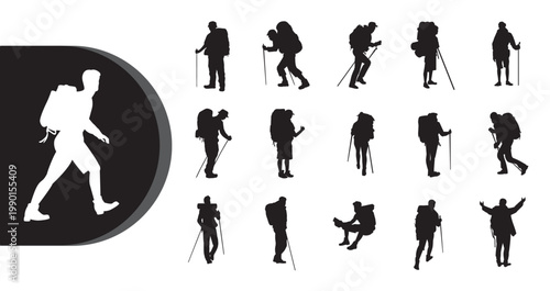 A collection of silhouetted hikers in various poses on a white background