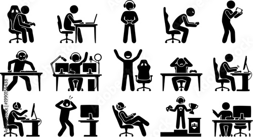 Gaming Silhouette Icon Set of Video Game Players and Esports Activities in Competitive Gameplay