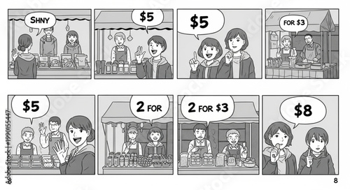 Comic strip showing people shopping and making purchases.