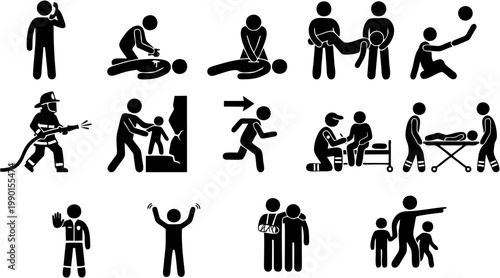 Emergency Response Silhouette Icon Set of Rescue and First Aid Medical and Safety Actions
