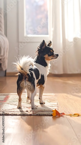 A black, white, and brown dog stands on a rug