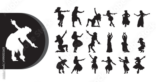 A collection of black and white silhouettes of women dancing in various poses