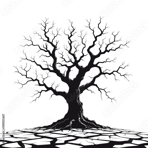 Black dead tree, dry cracked earth, drought landscape, environmental damage