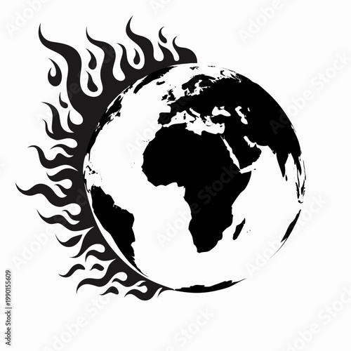 Black globe with flames, earth from space, sun rays, climate change icon, global warming symbol, vector illustration